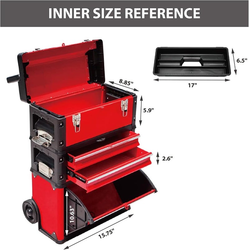 BIG RED TRJF-C305ABD Torin Garage Workshop Organizer: Portable Steel and Plastic Stackable Rolling Upright Trolley Tool Box with 3 Drawers, 20.5" L x 12.6" W x 28.4" - Image 2