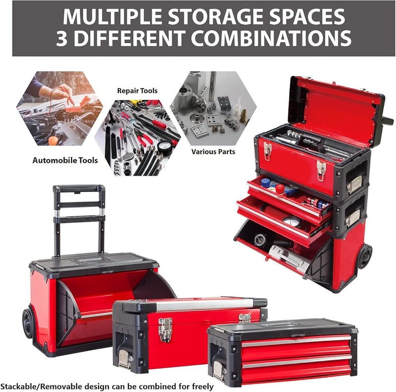BIG RED TRJF-C305ABD Torin Garage Workshop Organizer: Portable Steel and Plastic Stackable Rolling Upright Trolley Tool Box with 3 Drawers, 20.5" L x 12.6" W x 28.4" - Image 3