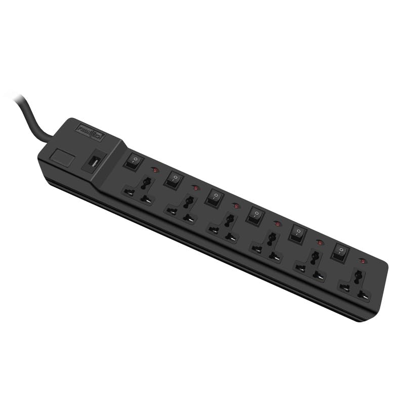FRONTECH Extension Cord with 6 Universal Sockets 6 Switches 6 LED Indicators 5 Meter Cable 220V230V Multi Plug Power Strip with Spike Surge Protection 3515 Black