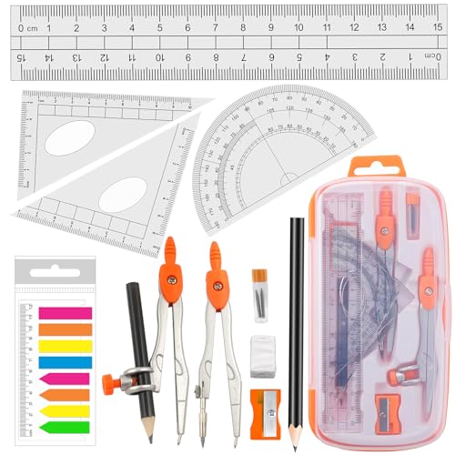 Akuoly Geometry Compass Set 2 Drafting Compasses with Maths Protractor Set Squares Ruler and More for Students Starters Homework etc. Orange - Image 1