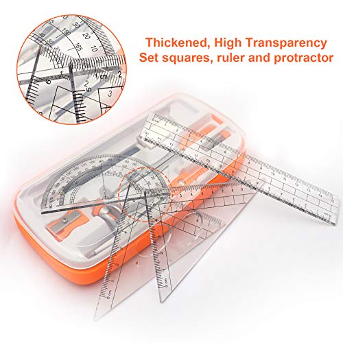 Akuoly Geometry Compass Set 2 Drafting Compasses with Maths Protractor Set Squares Ruler and More for Students Starters Homework etc. Orange - Image 5