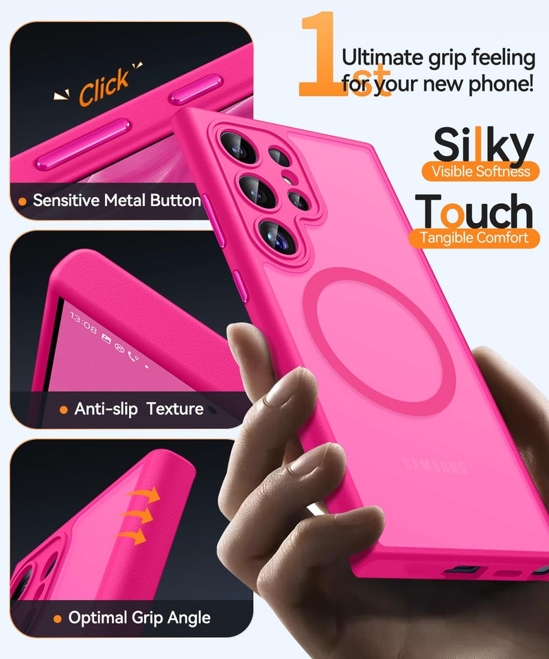 CANSHN Designed for Samsung Galaxy S22 Ultra Case [Full Camera Protection] [Compatible with MagSafe] Translucent Matte Shockproof Protective Phone Cover 6.8 Inch - Hot Pink - Image 5