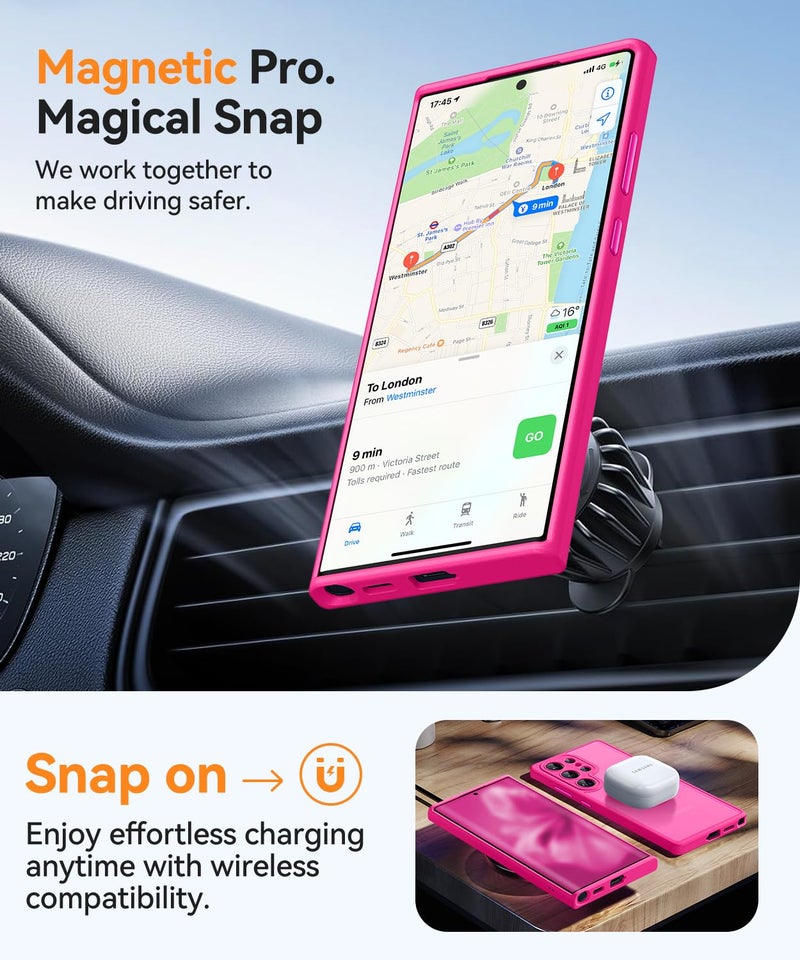 CANSHN Designed for Samsung Galaxy S22 Ultra Case [Full Camera Protection] [Compatible with MagSafe] Translucent Matte Shockproof Protective Phone Cover 6.8 Inch - Hot Pink - Image 4