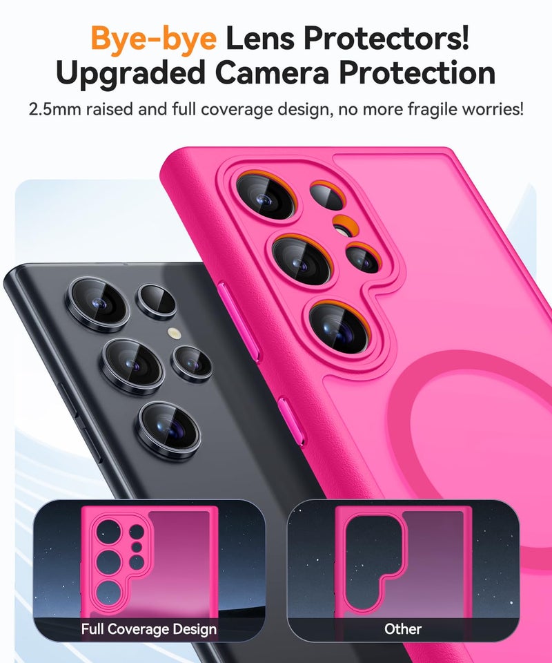 CANSHN Designed for Samsung Galaxy S22 Ultra Case [Full Camera Protection] [Compatible with MagSafe] Translucent Matte Shockproof Protective Phone Cover 6.8 Inch - Hot Pink - Image 3