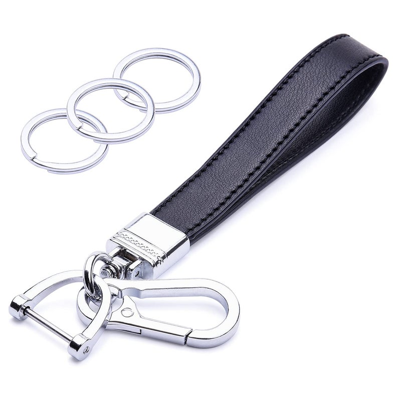 Wisdompro Wisdompro Genuine Leather Car Keychain, Universal Heavy Duty Leather Key FOB Keychain Key Chains Women for Car Keys, 360 Degree Rotation, with Anti-lost D-ring and 3 Keyrings - Black  - Image 1