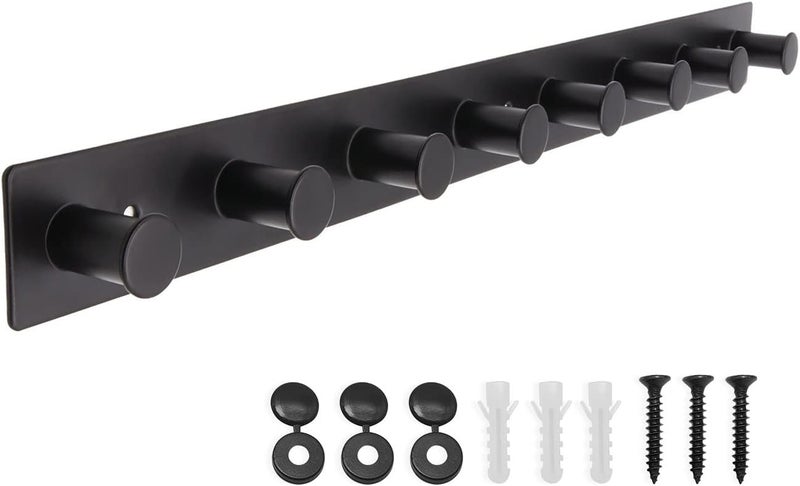AJLTPA Coat Rack Wall Mounted, White Coat Hooks Screw in, Stainless Steel Door Hooks for Hanging Hat Towels Clothes, Hook Rail with 8 Round Hangers (Black, 8 Hooks) - Image 1
