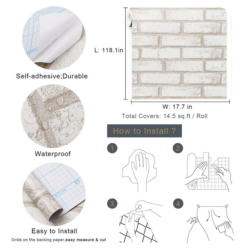 Timeet Beige White Brick Peel and Stick Wallpaper 17.7"Ã—118.11" Faux Brick Wallpaper Self Adhesive Removable Wall Ppaper for Living Room Bedroom Decoration Vinyl Film Roll - Image 5