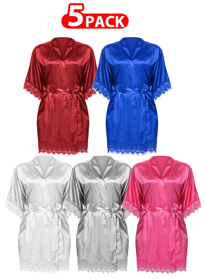 MARGOUN 5 Pack Large Size Women Satin Robe Belted Silky Robe Sleepwear Bridal Robe Kimono Lace Sleeve Nightgown /L(bust:84-88/waist:68-72) - Image 1