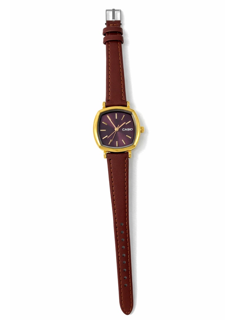 Casio Women's Analog Watch with Brown Leather Strap and Gold-Tone Case with Burgundy Dial