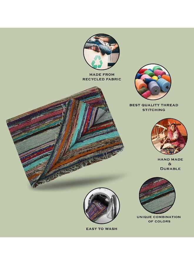 Aakriti Gallery Chindi Cotton Rag Rugs 100% Eco-Friendly, 2-In-1 Reversible Multipurpose, Multicolor Hand-Woven Traditional Rugs (5Ft X 3Ft) For Living Room And Kitchen (Green)  - Image 4