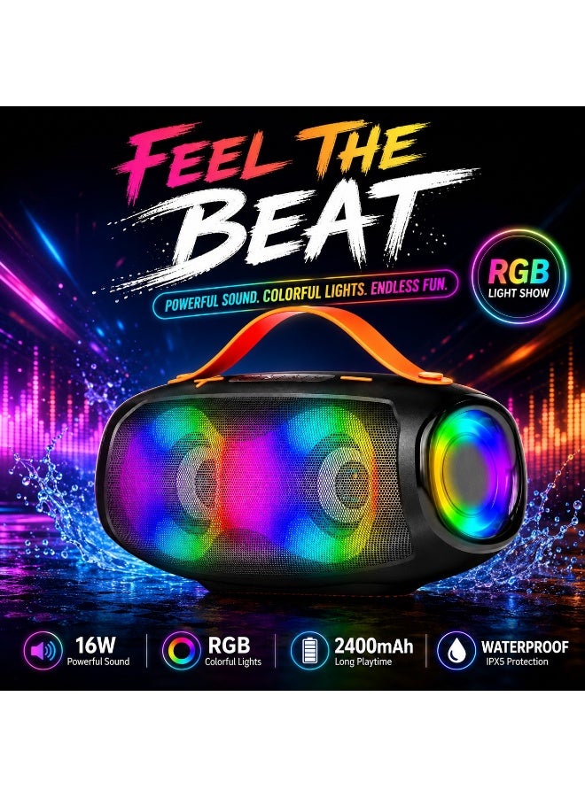 M96 16W Portable Bluetooth Speaker with Powerful Dual Driver Stereo Sound, Deep Bass Performance, RGB LED Light Effects, 2400mAh Long-Lasting Battery, Waterproof Outdoor Construction, Convenient Carry Handle, USB and TF Card Compatibility