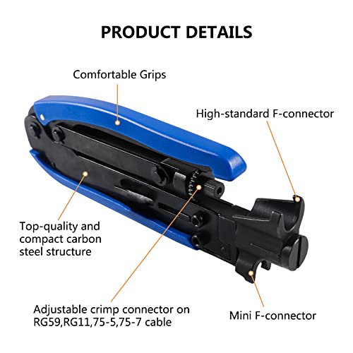 AITIAO Coaxial Compression Tool Coax Cable Crimper Kit Adjustable RG6 RG59 RG11 75-5 75-7 Coaxial Cable Stripper with 20pcs RG6 F Compression Connectors - Image 3
