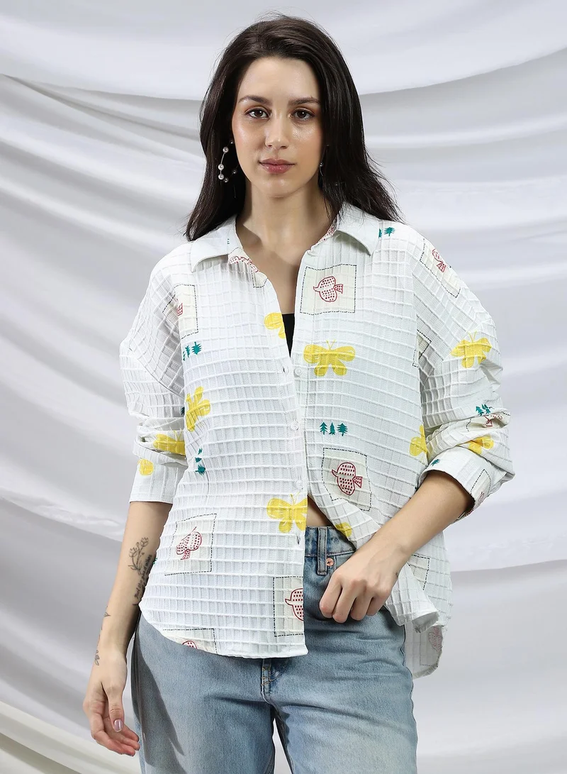 Campus Sutra Women's Chalk White Butterfly Pine Relaxed Shirt For Casual Wear | Spread Collar | Long Cuffed Sleeves | Button Closure | Shirt Crafted With Comfort Fit For Everyday Wear