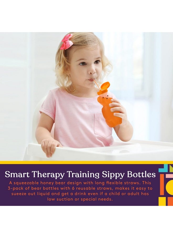 Honey Bear Straw Cup Long Straws Squeezable Therapy And Special Needs Assistive Drink Container Spill Proof And Leak Resistant Lid (Pack Of 3 Bottles And 6 Straws)