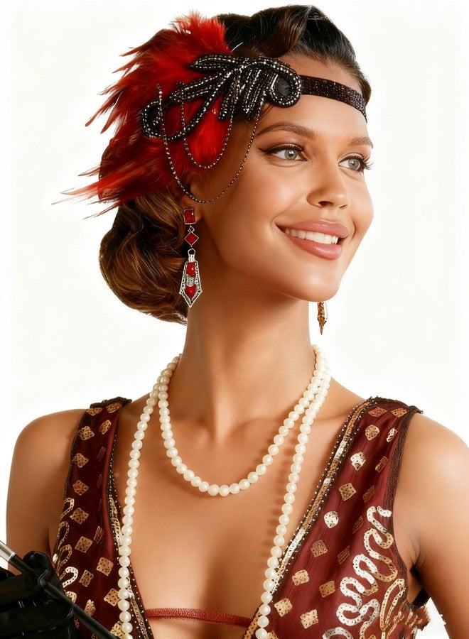 تونج كلاود طوق رأس من الريش مزين بأحجار الراين والخرز، مستوحى من عشرينيات القرن الماضي، من تصميم تونغ كلاود، مناسب لحفلات الهالوين التنكرية (لون أحمر خمري، مقاس متوسط). - Image 1