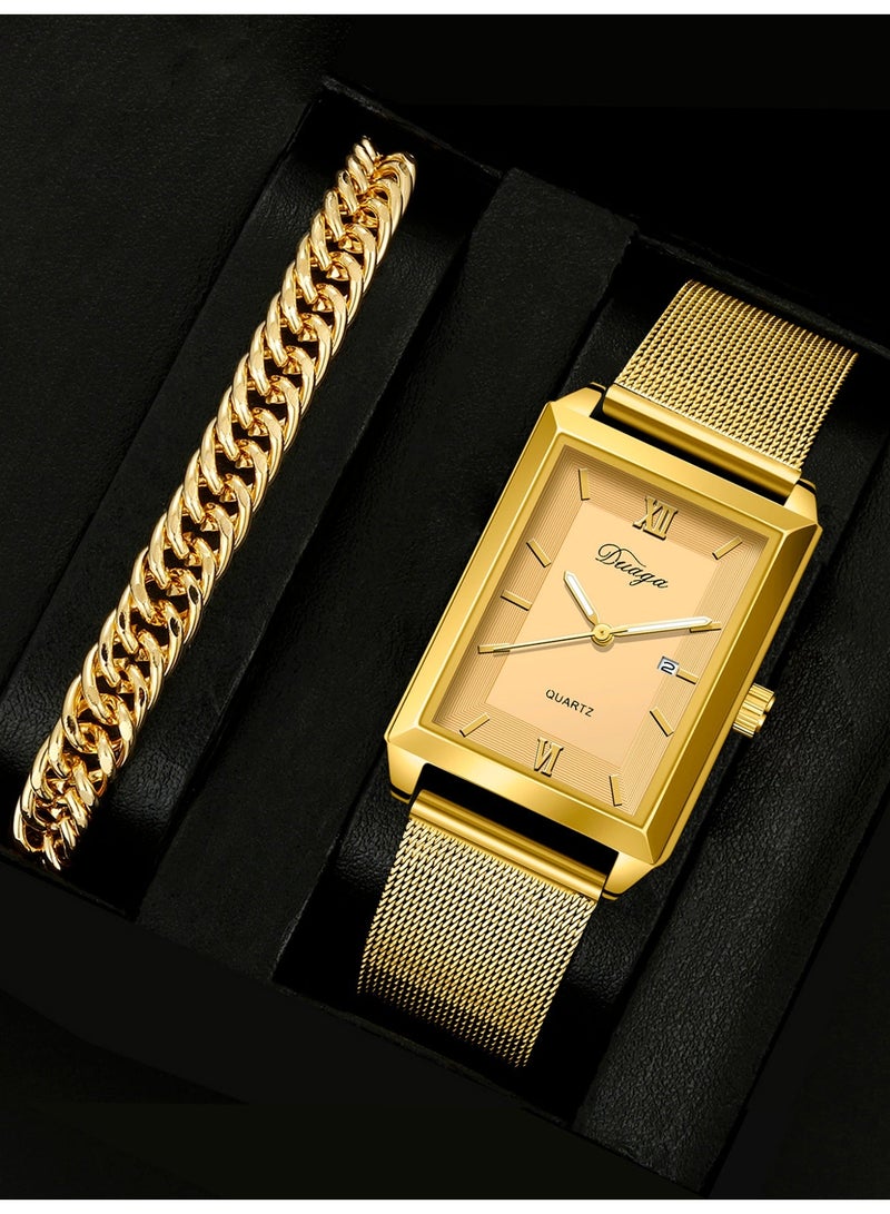 New men's gold square dial stainless steel watch set, paired with a same color bracelet, suitable for giving him the perfect holiday birthday gift - Image 1