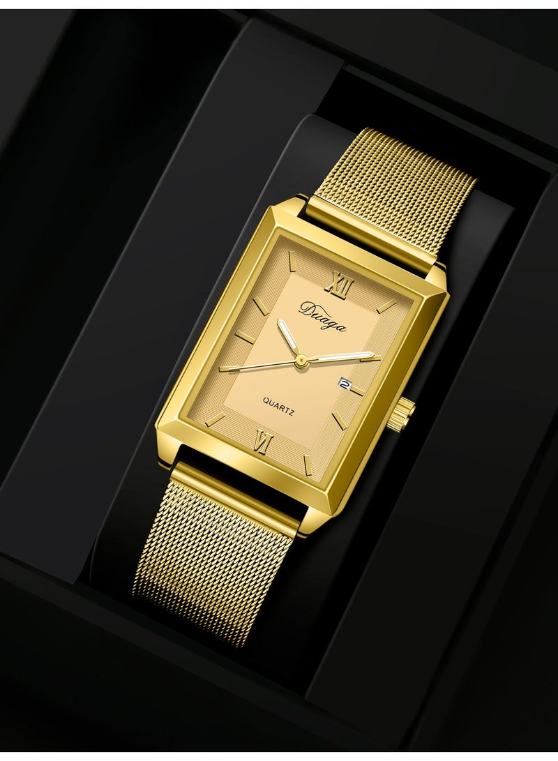 New men's gold square dial stainless steel watch set, paired with a same color bracelet, suitable for giving him the perfect holiday birthday gift - Image 2
