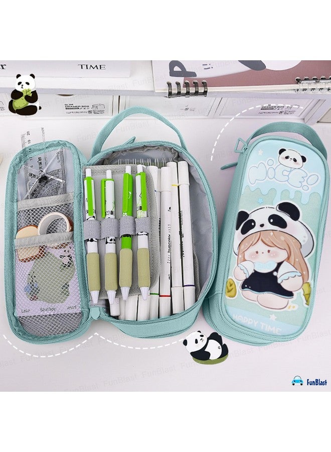 فنبلاست حقيبة أقلام فن بلاست - حقيبة باندا لطيفة للبنات، حقيبة أقلام قماشية مزدوجة الطبقات قابلة للتعليق، كبيرة السعة للأطفال، حقيبة جمالية للبنات، حقيبة منظم أدوات مكتبية (أزرق) - Image 2