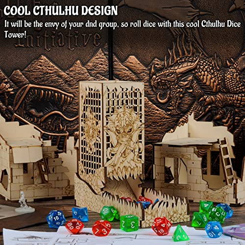 CZYY Dice Tower with Tray Wood Laser Etched Mind Flayer Portable and Collapsible Dice Roller Perfect for Board Game and Tabletop RPG (Cthulhu) - Image 2