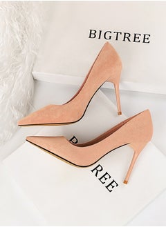 BIGTREE Women's Solid Color Elegant Velour Stiletto Pumps 9 CM Fashion Gorgeous Closed Pointed Toe Slip On Solid High Heels Pink  - Image 3