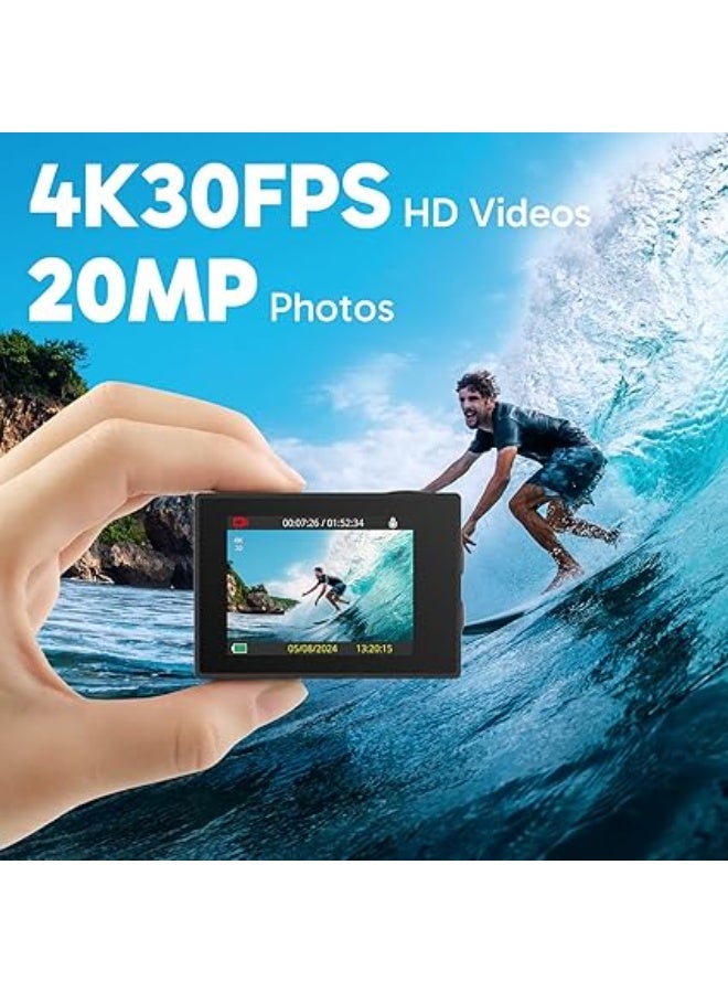 AKASO EK7000 4K30FPS 20MP WiFi Action Camera with EIS Ultra HD 131FT Waterproof Underwater Camera Remote Control 4X Zoom Support External Microphone Black - Image 2