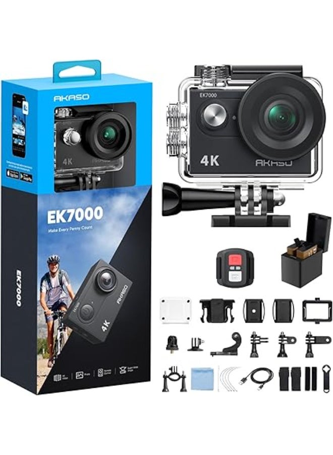AKASO EK7000 4K30FPS 20MP WiFi Action Camera with EIS Ultra HD 131FT Waterproof Underwater Camera Remote Control 4X Zoom Support External Microphone Black - Image 1