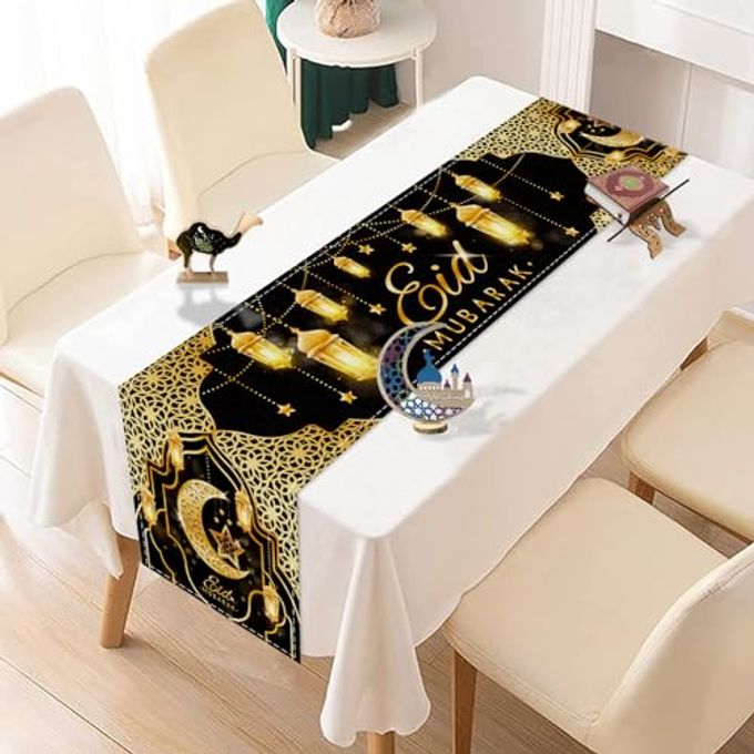 Fengrise Eid Mubarak Table Runner - Black Gold Ramadan Kareem Decorations for Home 2026, Star Moon and Lantern Pattern, Eid Al-Fitr Table Cloth,Islamic Decorations Supplies for Kitchen Indoor (13x72)