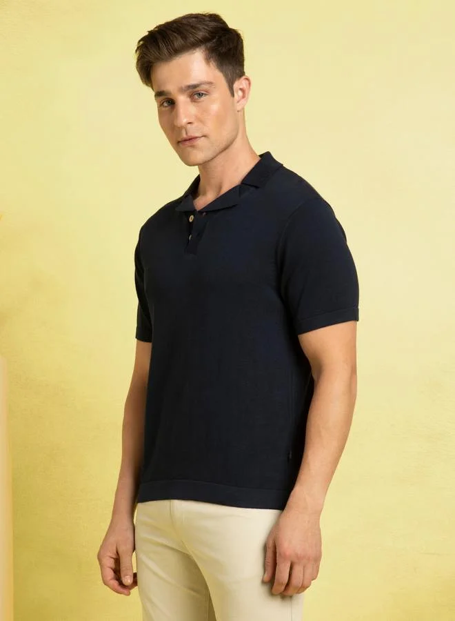 Dennis Lingo Men's Navy 100% Cotton Textured Regular Fit T-Shirt