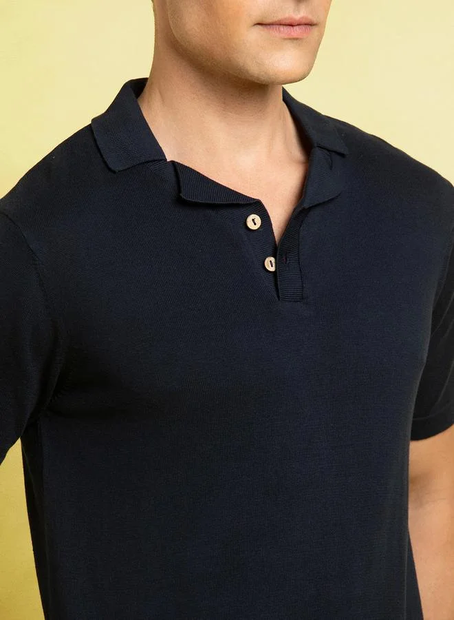 Dennis Lingo Men's Navy 100% Cotton Textured Regular Fit T-Shirt