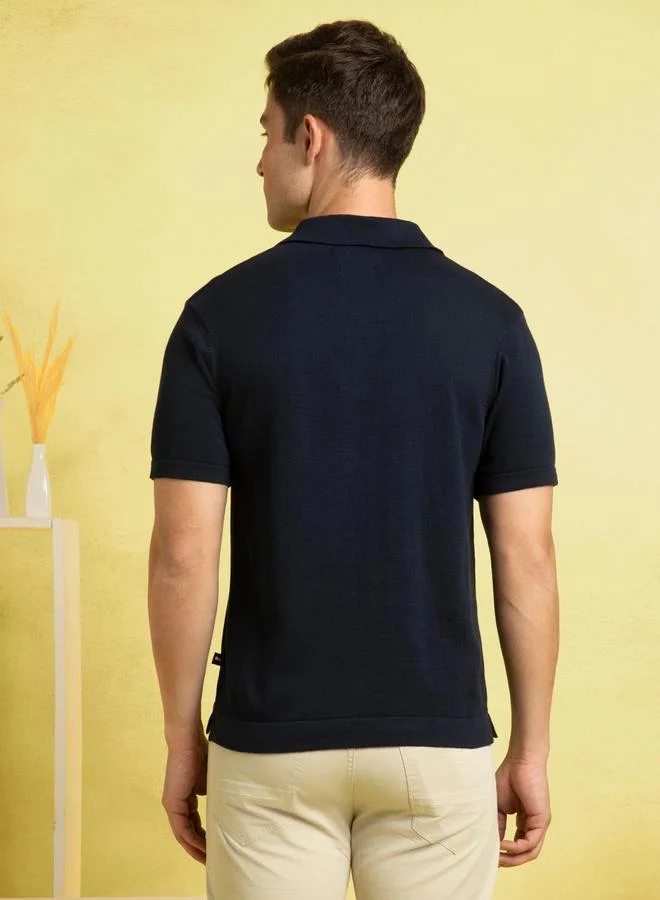 Dennis Lingo Men's Navy 100% Cotton Textured Regular Fit T-Shirt