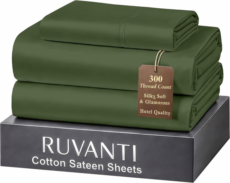 RUVANTI 100% Cotton Sheets Twin Size Bed Set - 300 Thread Count Silky Soft Sateen Weave, Cooling, Lightweight & Breathable, 16" Deep Pocket, Durable & Luxury Satin-Like, 3 Piece, Rifle Green - Image 1