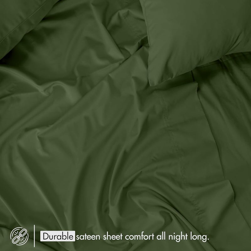 RUVANTI 100% Cotton Sheets Twin Size Bed Set - 300 Thread Count Silky Soft Sateen Weave, Cooling, Lightweight & Breathable, 16" Deep Pocket, Durable & Luxury Satin-Like, 3 Piece, Rifle Green - Image 3