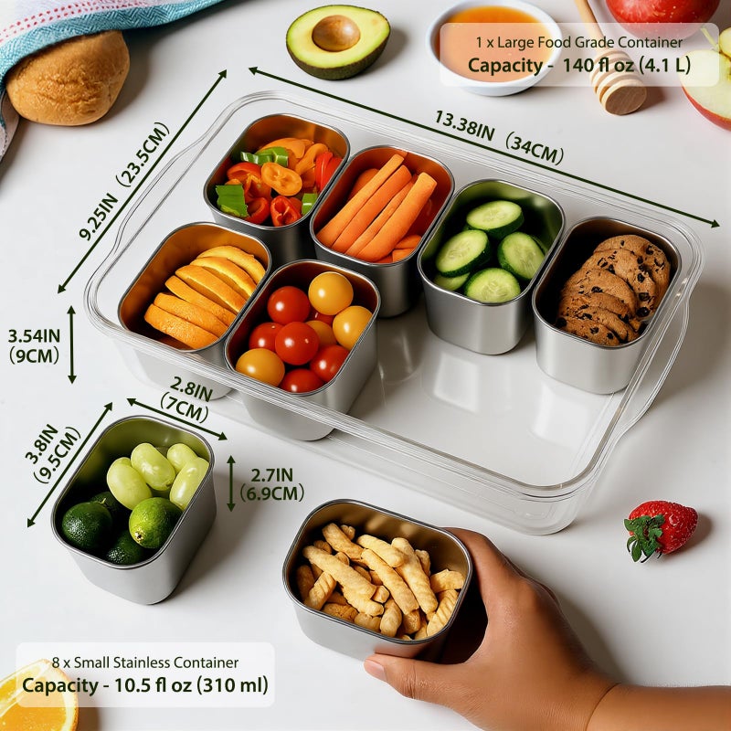 Freshmage Snackle Box Container, Stainless Steel Divided Serving Tray with Lid and Handle, 8 Compartment Portable Snack Platters - Clear Storage Organizer for Fruit Candy Nuts Veggie - Perfect for Travel Party - Image 2