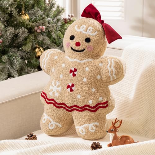 Phantoscope Gingerbread Series Merry Christmas Throw Pillow Plush Teddy Sherpa Xmas Gingerbread Girl Shaped Christmas Decorative Pillow with Bow for Couch Living Bedroom Beige 13x18 inches - Image 1