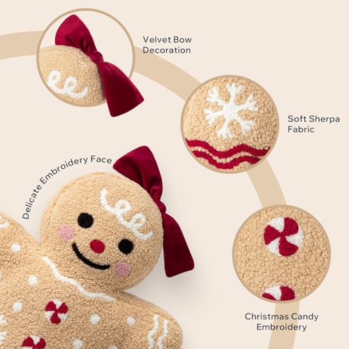 Phantoscope Gingerbread Series Merry Christmas Throw Pillow Plush Teddy Sherpa Xmas Gingerbread Girl Shaped Christmas Decorative Pillow with Bow for Couch Living Bedroom Beige 13x18 inches - Image 3