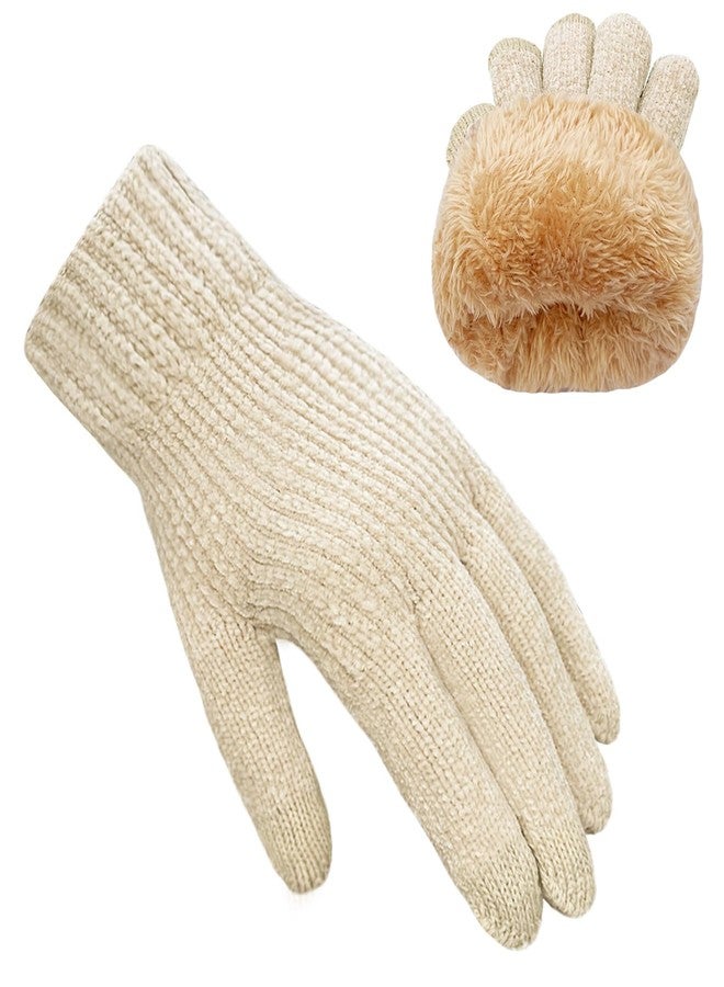 HOPSOOKEN Winter Gloves for Women Chenille Touch Screen Thermal Fleece Knit Warm Elastic Gloves for Cold Weather, Beige, One size - Image 1
