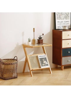 LINGWEI Bamboo End Table with Glass Surface Sofa Side Table with Storage Wooden Coffee Table Beige 50x56x36cm  - Image 3