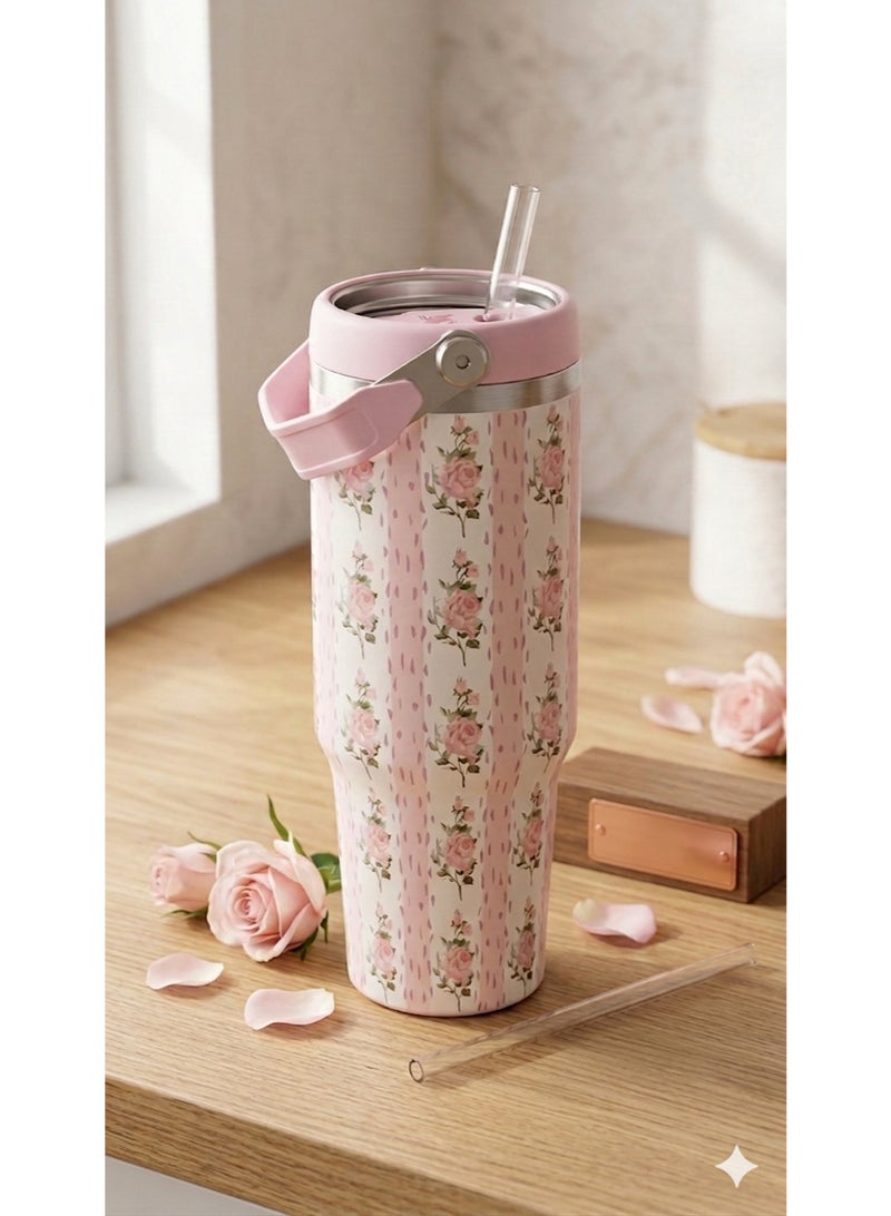 ستانلي كوب ستانلي حراري ستانلس ستيل الأصلي بمقبض علوي - إصدار الزهور (Floral Edition) باللون الوردي - حفظ فائق للبرودة والحرارة - غطاء محكم بشفاطة مدمجة. - Image 1