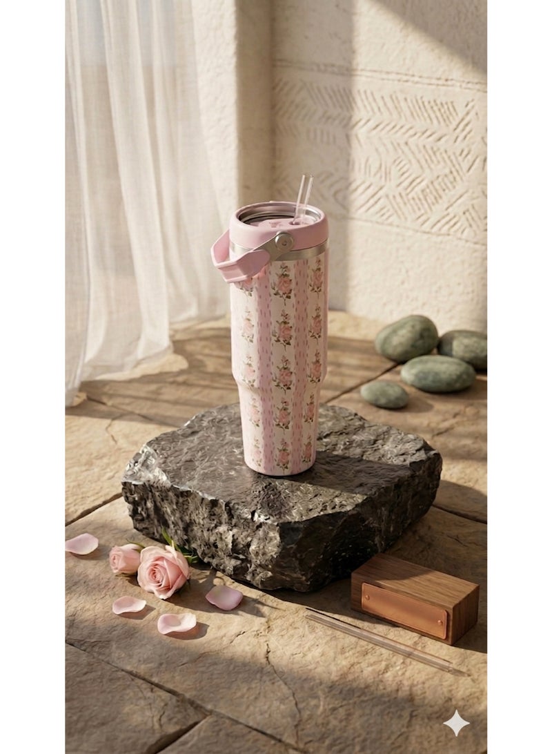 ستانلي كوب ستانلي حراري ستانلس ستيل الأصلي بمقبض علوي - إصدار الزهور (Floral Edition) باللون الوردي - حفظ فائق للبرودة والحرارة - غطاء محكم بشفاطة مدمجة. - Image 2
