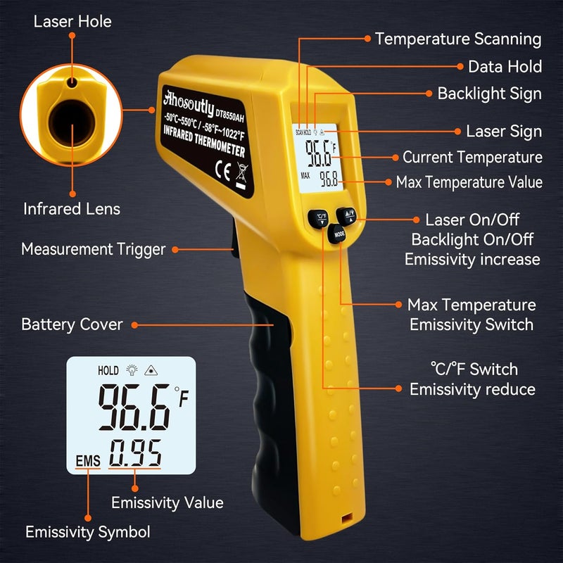 AHOSOUTLY Infrared Thermometer Temperature Gun - 58 ℉~1022 ℉ (- 50 ℃~550 ℃) Non-Contact Digital Laser Infrared Ir Thermometer for Cooking, Barbecue, Food, Repair, Pet Care and Home Use(Yellow) - Image 4