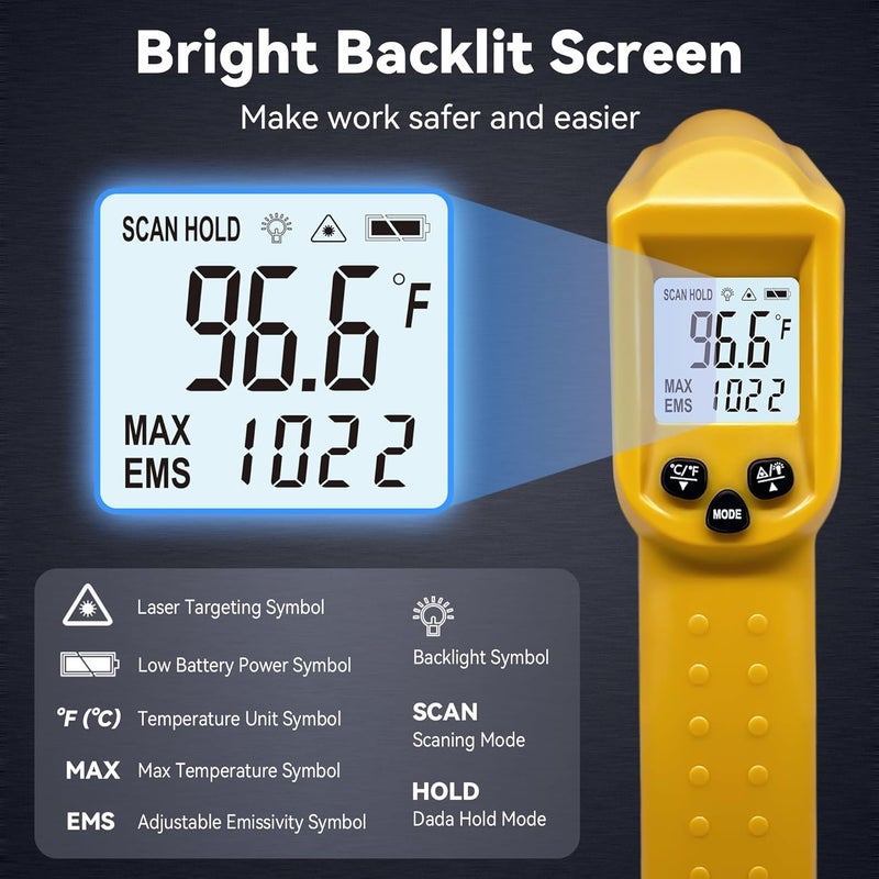 AHOSOUTLY Infrared Thermometer Temperature Gun - 58 ℉~1022 ℉ (- 50 ℃~550 ℃) Non-Contact Digital Laser Infrared Ir Thermometer for Cooking, Barbecue, Food, Repair, Pet Care and Home Use(Yellow) - Image 2