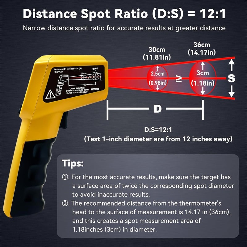 AHOSOUTLY Infrared Thermometer Temperature Gun - 58 ℉~1022 ℉ (- 50 ℃~550 ℃) Non-Contact Digital Laser Infrared Ir Thermometer for Cooking, Barbecue, Food, Repair, Pet Care and Home Use(Yellow) - Image 5