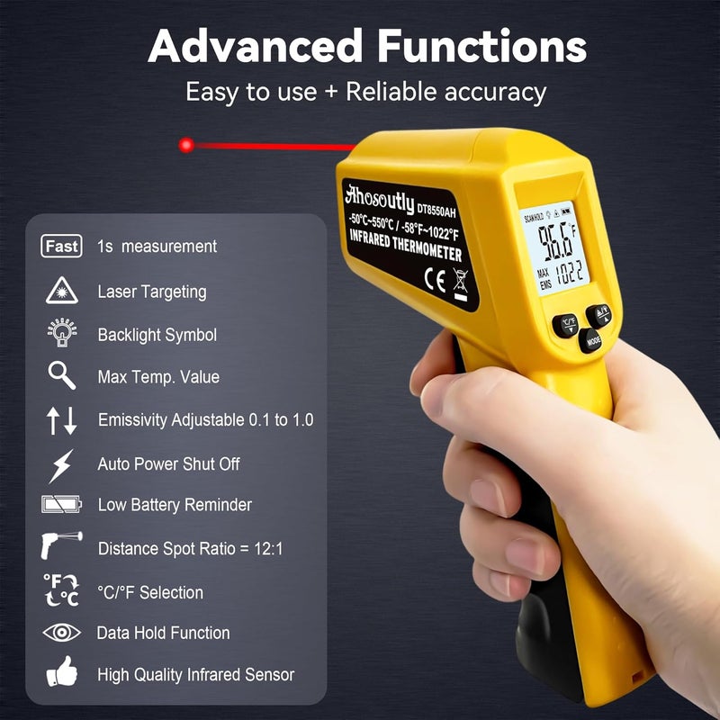 AHOSOUTLY Infrared Thermometer Temperature Gun - 58 ℉~1022 ℉ (- 50 ℃~550 ℃) Non-Contact Digital Laser Infrared Ir Thermometer for Cooking, Barbecue, Food, Repair, Pet Care and Home Use(Yellow) - Image 3