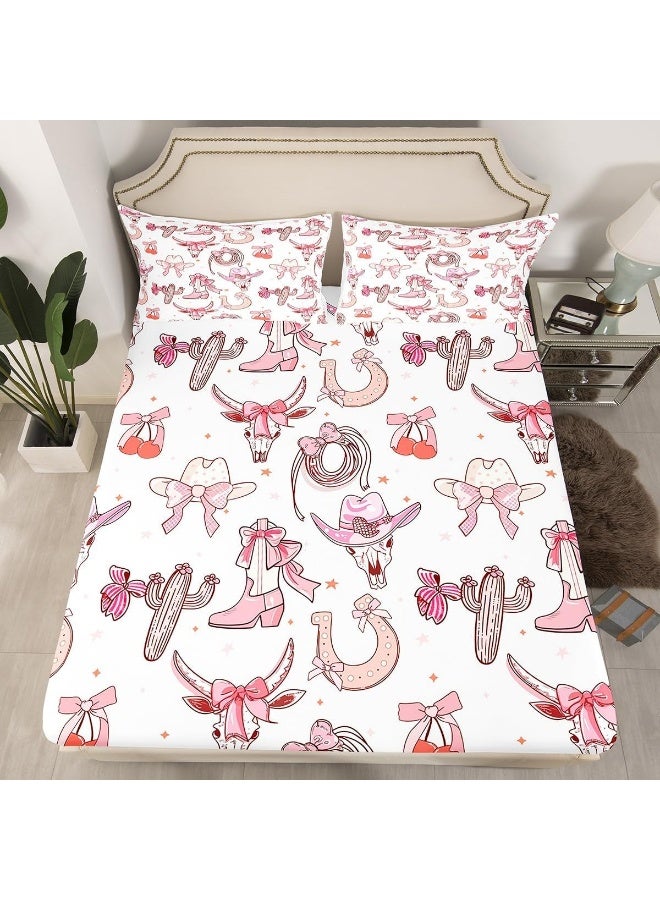 Manfei Western Cowgirl Bed Sheet King Set, Princess Pink Bowknots Cute Cherry Sheet Sets Room Decor, Cowboy Hats Boots Horseshoe Bull Skull Bedding Set with Flat, Fitted Sheet, 2 Pillow Cases  - Image 2