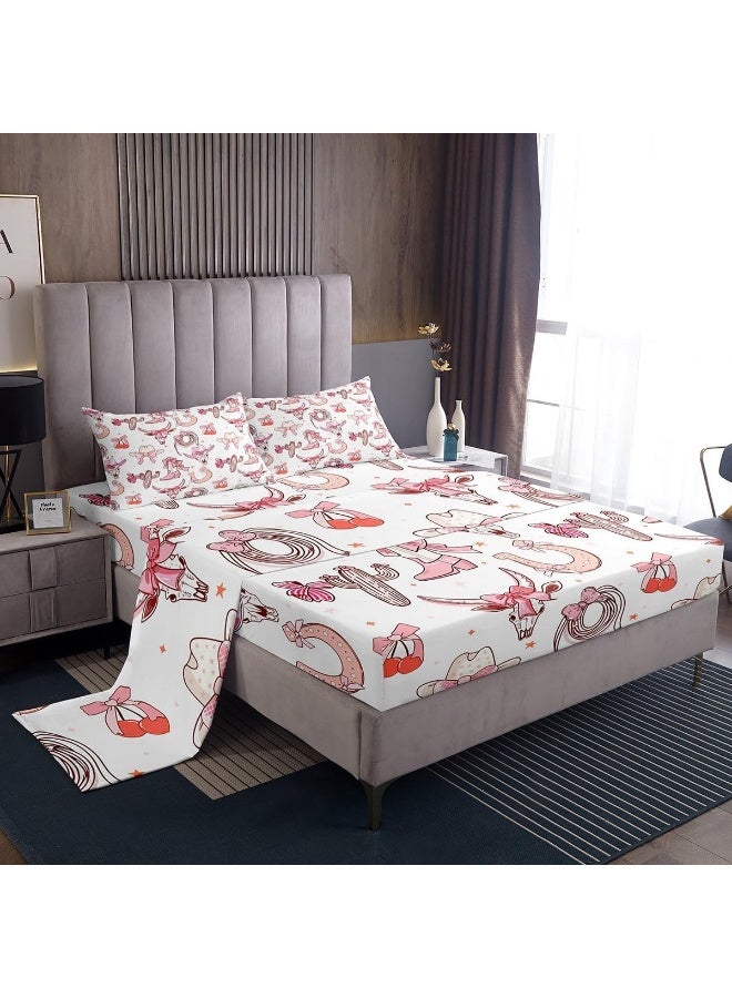 Manfei Western Cowgirl Bed Sheet King Set, Princess Pink Bowknots Cute Cherry Sheet Sets Room Decor, Cowboy Hats Boots Horseshoe Bull Skull Bedding Set with Flat, Fitted Sheet, 2 Pillow Cases  - Image 1