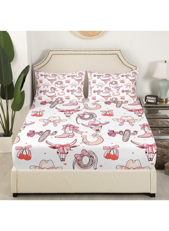 Manfei Western Cowgirl Bed Sheet King Set, Princess Pink Bowknots Cute Cherry Sheet Sets Room Decor, Cowboy Hats Boots Horseshoe Bull Skull Bedding Set with Flat, Fitted Sheet, 2 Pillow Cases  - Image 3