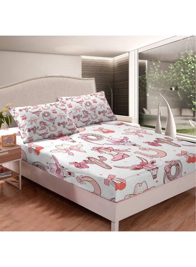 Manfei Western Cowgirl Bed Sheet King Set, Princess Pink Bowknots Cute Cherry Sheet Sets Room Decor, Cowboy Hats Boots Horseshoe Bull Skull Bedding Set with Flat, Fitted Sheet, 2 Pillow Cases  - Image 4
