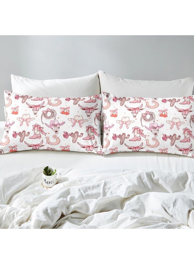 Manfei Western Cowgirl Bed Sheet King Set, Princess Pink Bowknots Cute Cherry Sheet Sets Room Decor, Cowboy Hats Boots Horseshoe Bull Skull Bedding Set with Flat, Fitted Sheet, 2 Pillow Cases  - Image 5