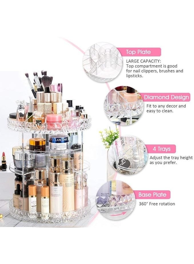 منظّم مكياج دوّار 360° – تخزين أكريليك شفاف بأرفف قابلة للتعديل وحجرة علوية للفرش والعناية بالبشرة والعطور - Image 3