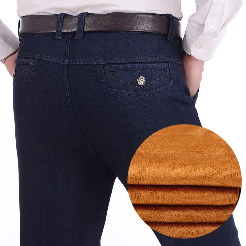 Autumn and Winter Mens Straight Thickened fleece-lined Jeans Comfortable Denim Trousers Elastic High Waist Work Clothes for All Seasons Section fleece-lined 801 dark blue